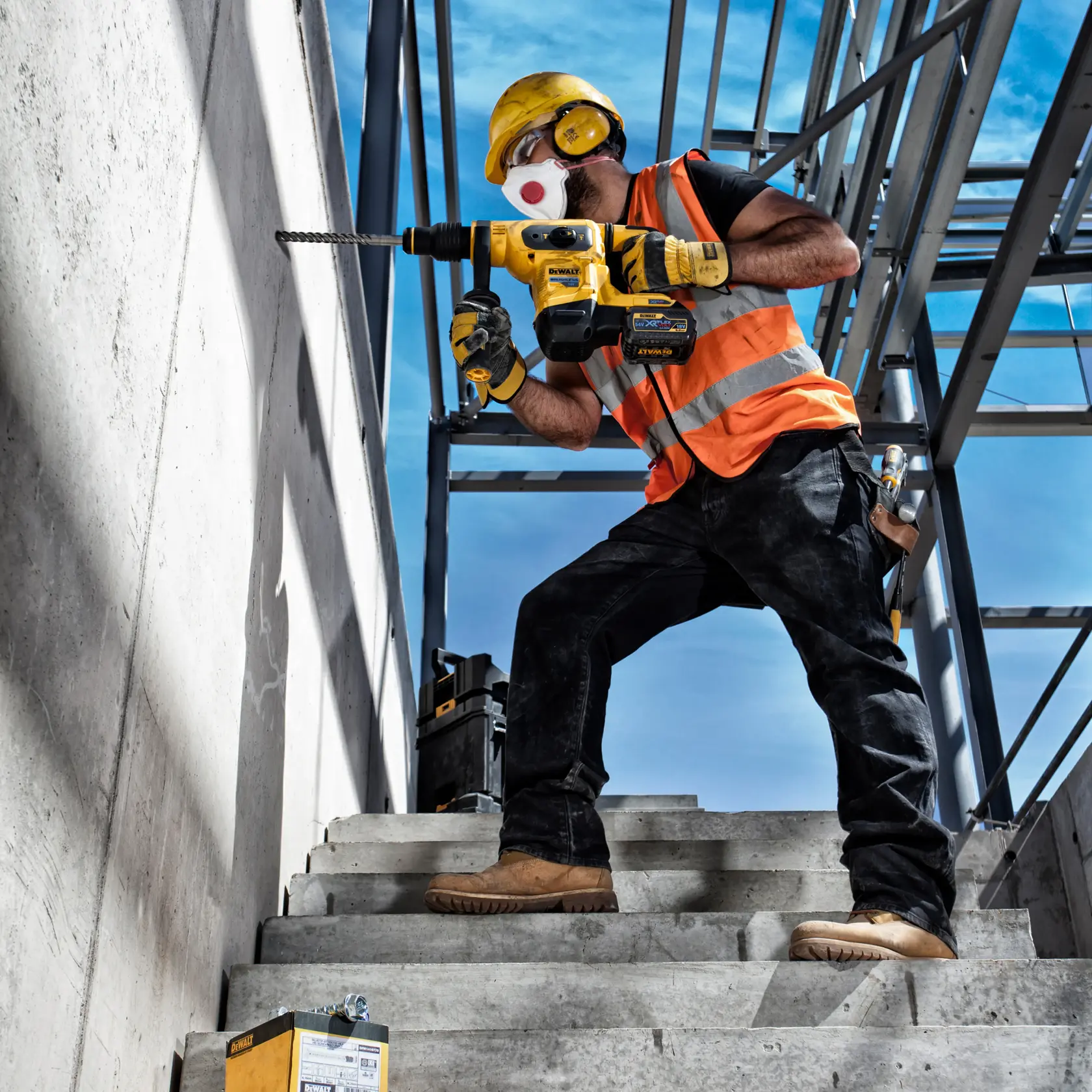 Trabajador usa taladro DEWALT en muro de hormigón. DT60814, DT60814-QZ. Obra, equipo de seguridad visible.