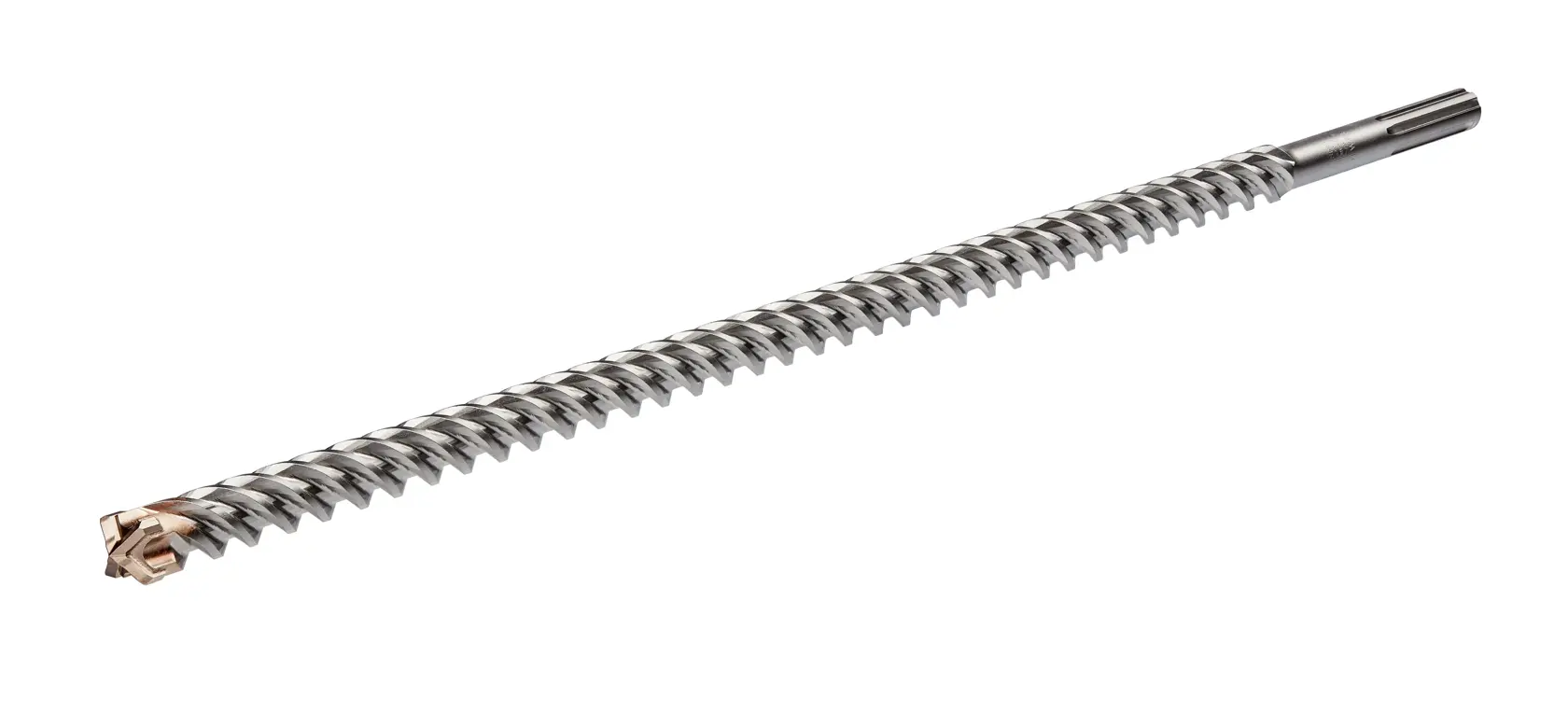 Una broca para mampostería DEWALT DT60825 SDS Max de alta resistencia con eje en espiral y punta de carburo, diseñada para perforar hormigón y mampostería.