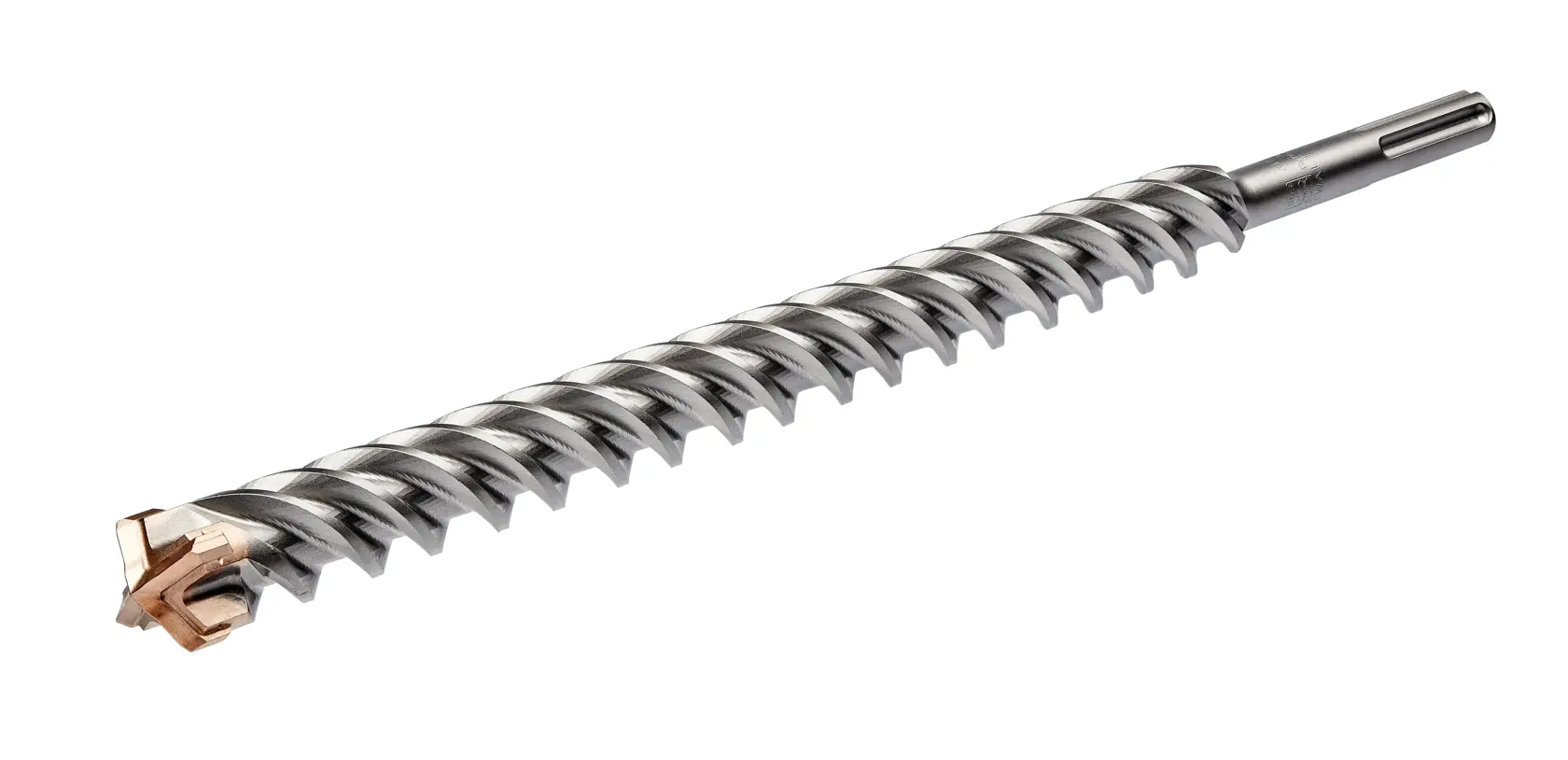 Una broca para martillo rotativo DEWALT con estría en espiral y punta de carburo, adecuada para perforar concreto y mampostería. La broca se muestra sobre un fondo blanco.