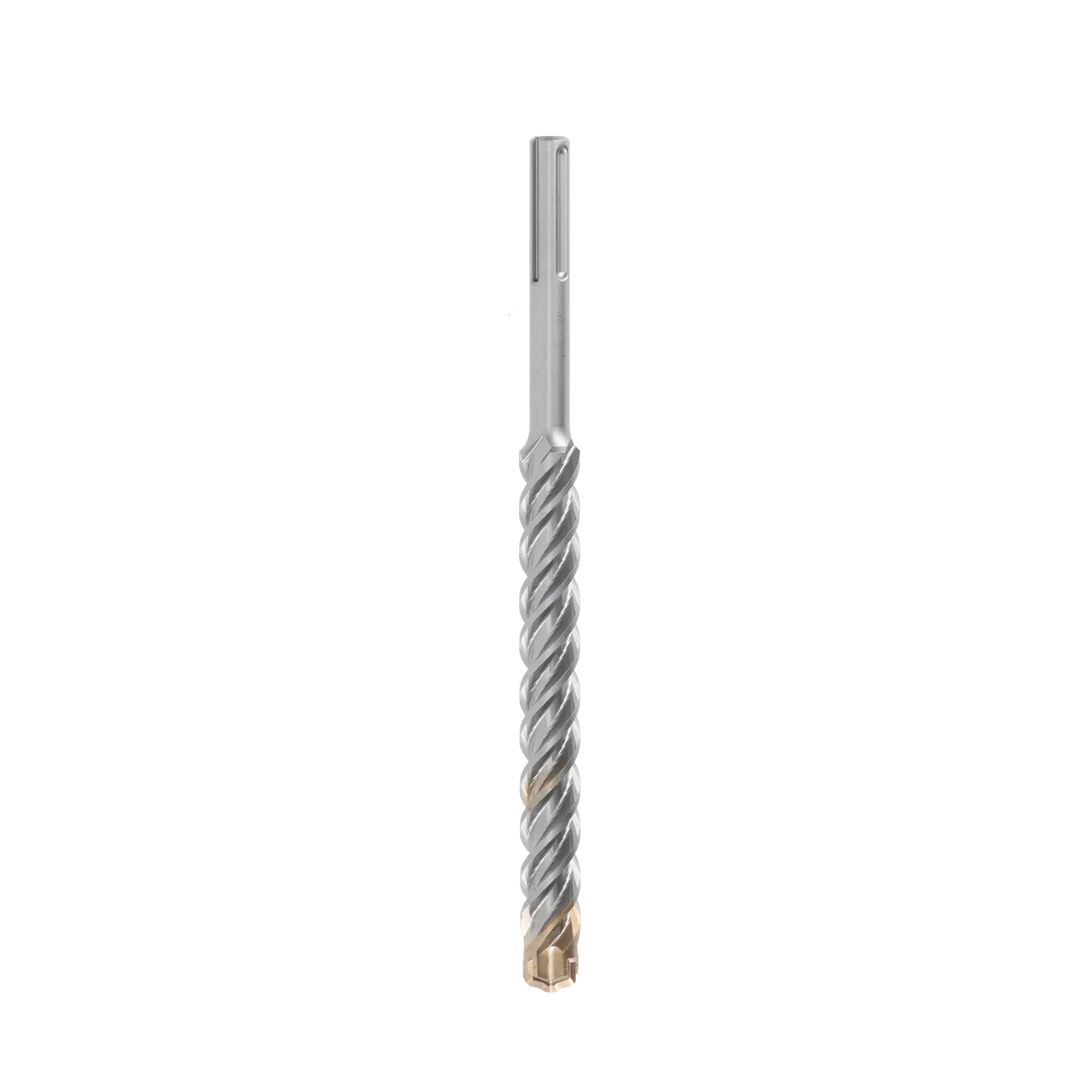 Broca SDS-plus espiral para concreto y piedra, plateada con punta dorada, ideal para mampostería.