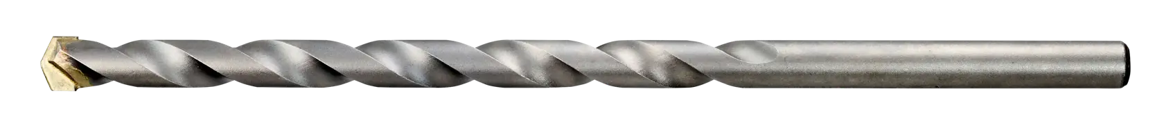 Uma broca para alvenaria com design espiral e ponta de carbeto contra um fundo branco.