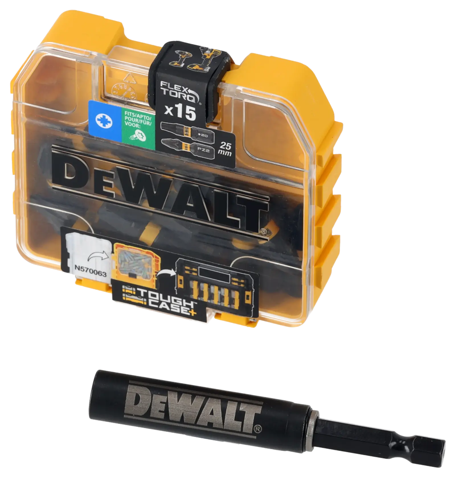 Un kit de accesorios de fotografía DEWALT DT70522T en una caja de plástico amarilla y transparente, mostrado con una pieza adaptadora negra DEWALT al lado de la caja.