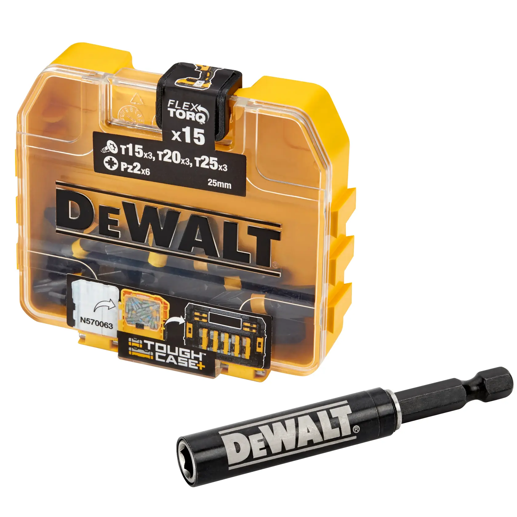 Juego de puntas DEWALT DT70522T FlexTorq en caja amarilla con portapuntas para herramientas.