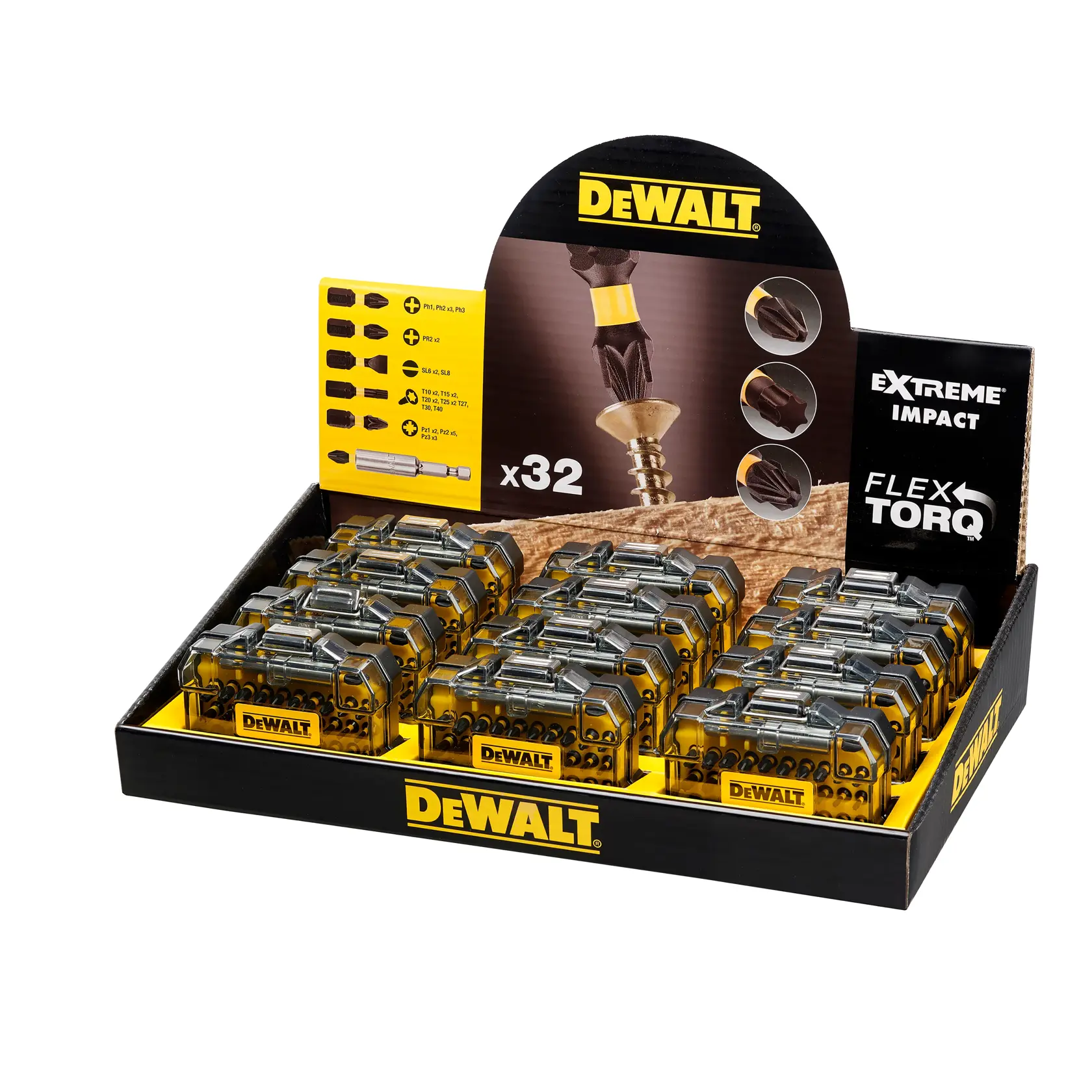 Expositor DEWALT FlexTorq Extreme Impact con varios estuches y datos del producto en el embalaje.