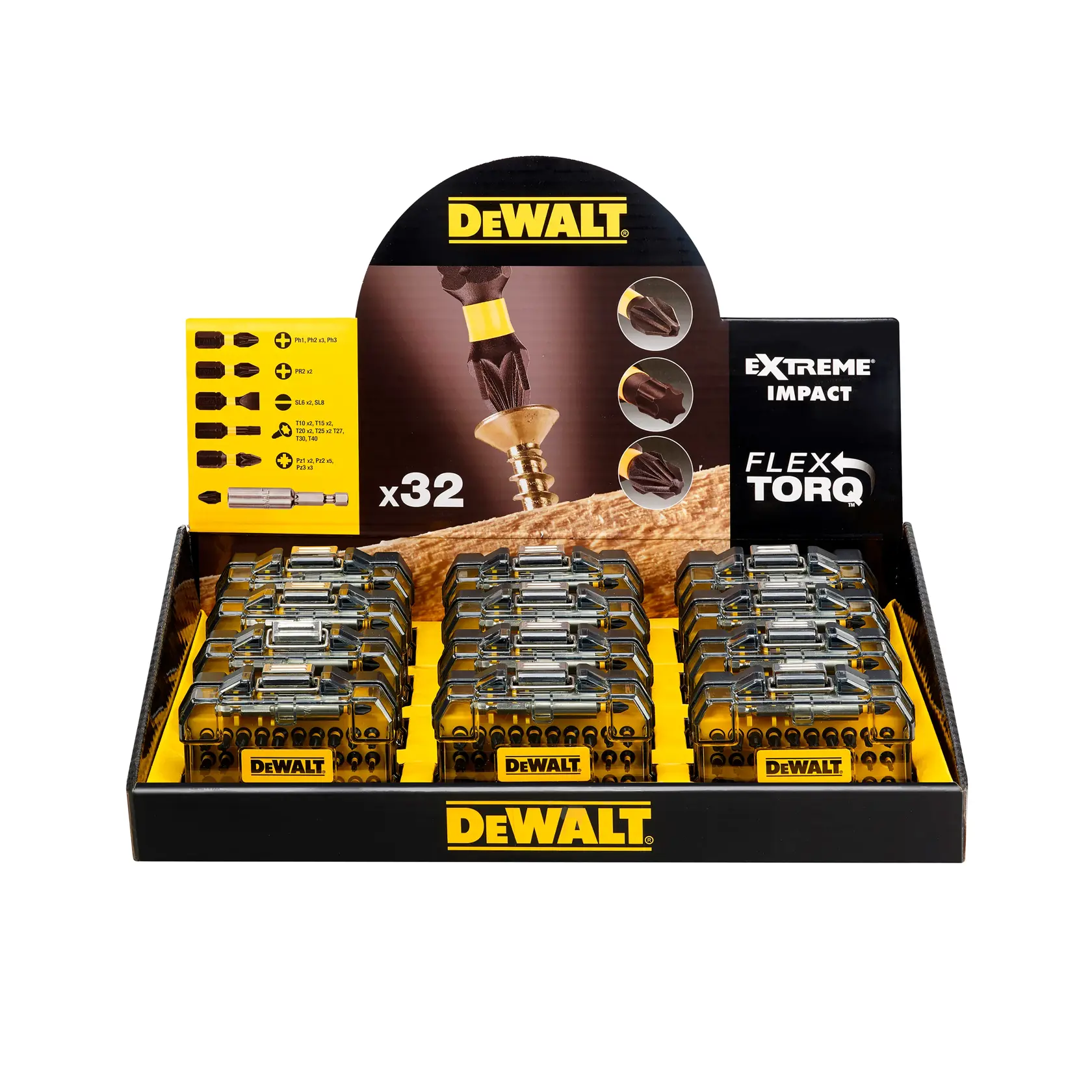 Caja expositor DEWALT Flex Torq con set de 32 puntas y múltiples cajas amarillas y negras.