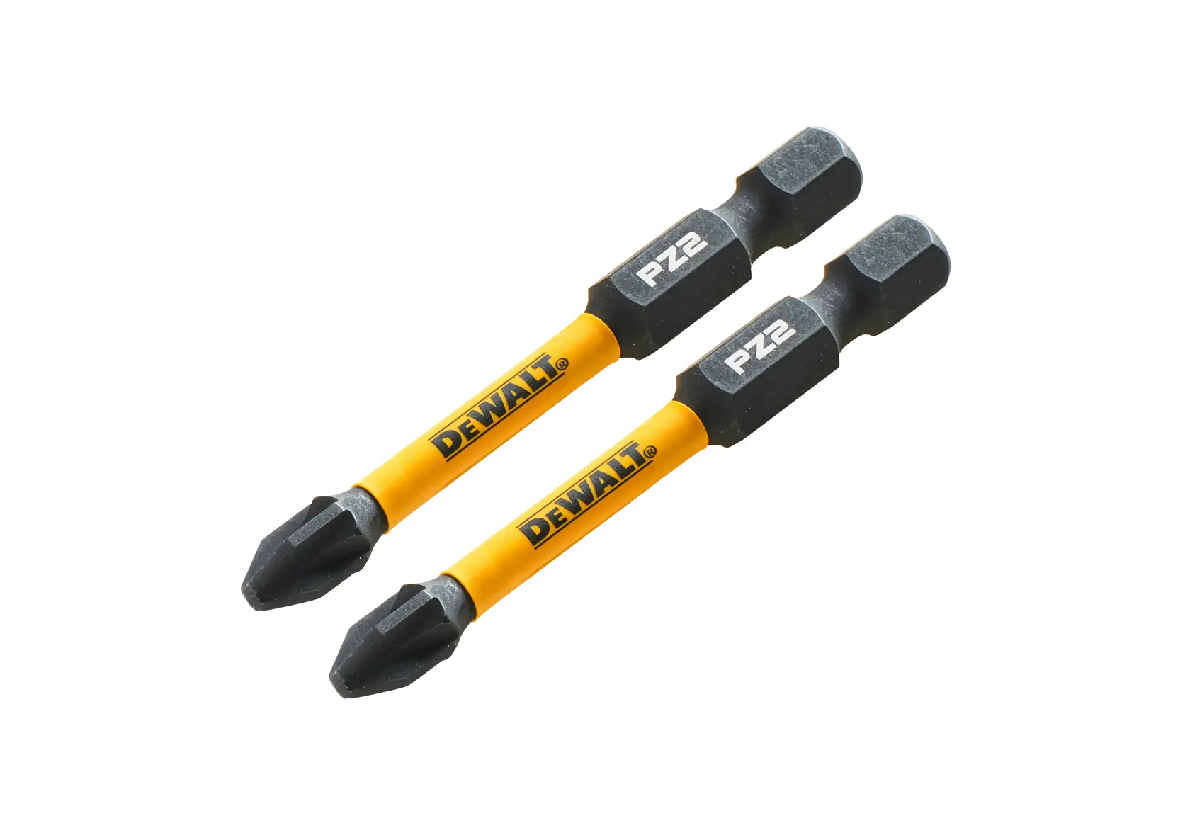 Zwei DEWALT PZ2 Schrauberbits mit gelbem Schaft und schwarzer Spitze für Elektrowerkzeuge.