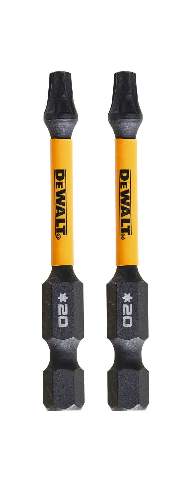 Zwei gelb-schwarze DEWALT Stern-Bits Größe 20, nebeneinander auf weißem Hintergrund.