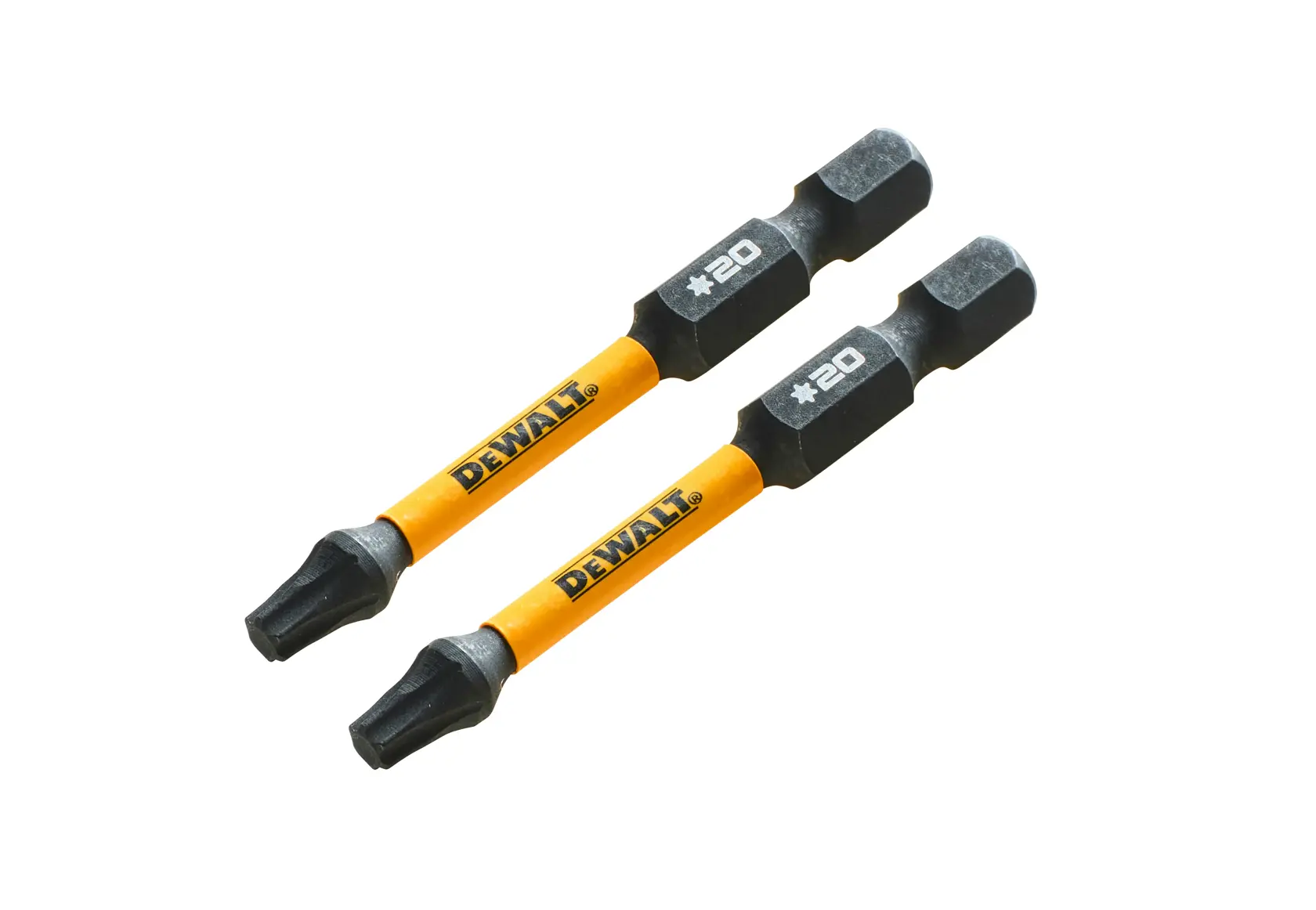 Zwei DEWALT Schrauber-Bits mit gelbem Schaft und schwarzer Spitze, beide mit +20 markiert.