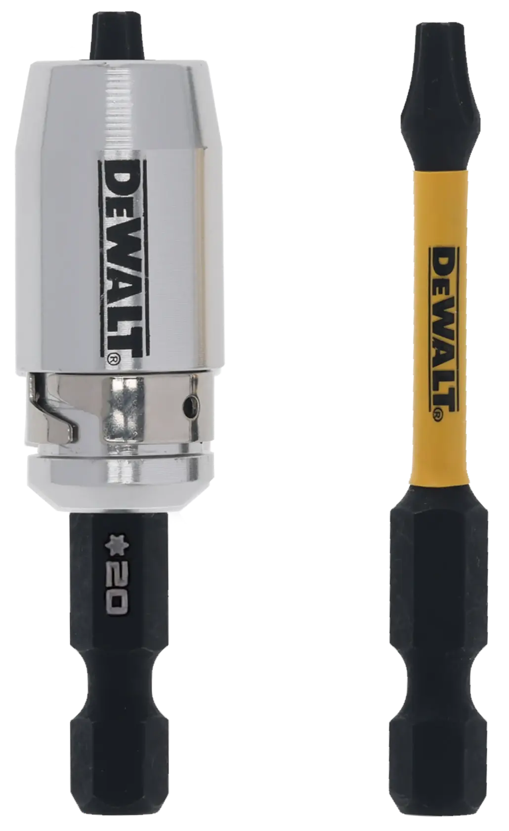 Portapuntas y punta DEWALT con vástago hexagonal, colores plateado y amarillo-negro.