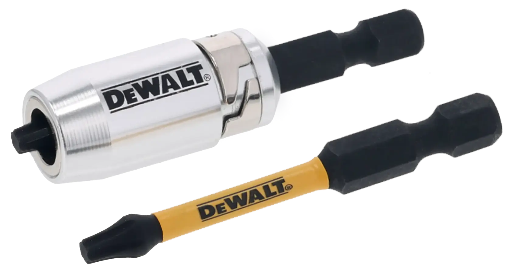 Porta puntas DEWALT DT70537T y punta de destornillador para herramientas eléctricas, fondo blanco.