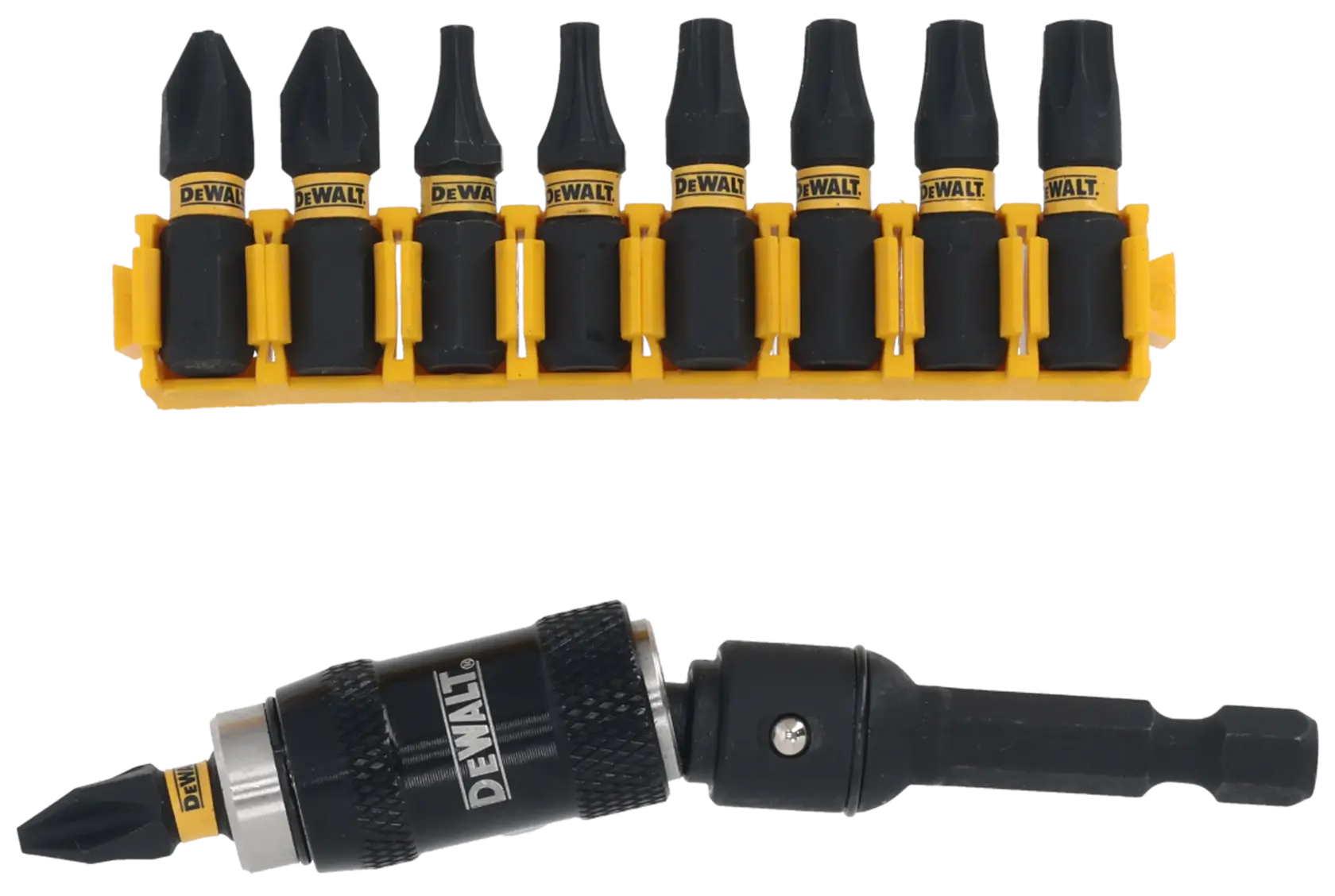 DEWALT DT70578T, DT70578T-QZ bit set and holder for photography tools, black and yellow, shown on white.
