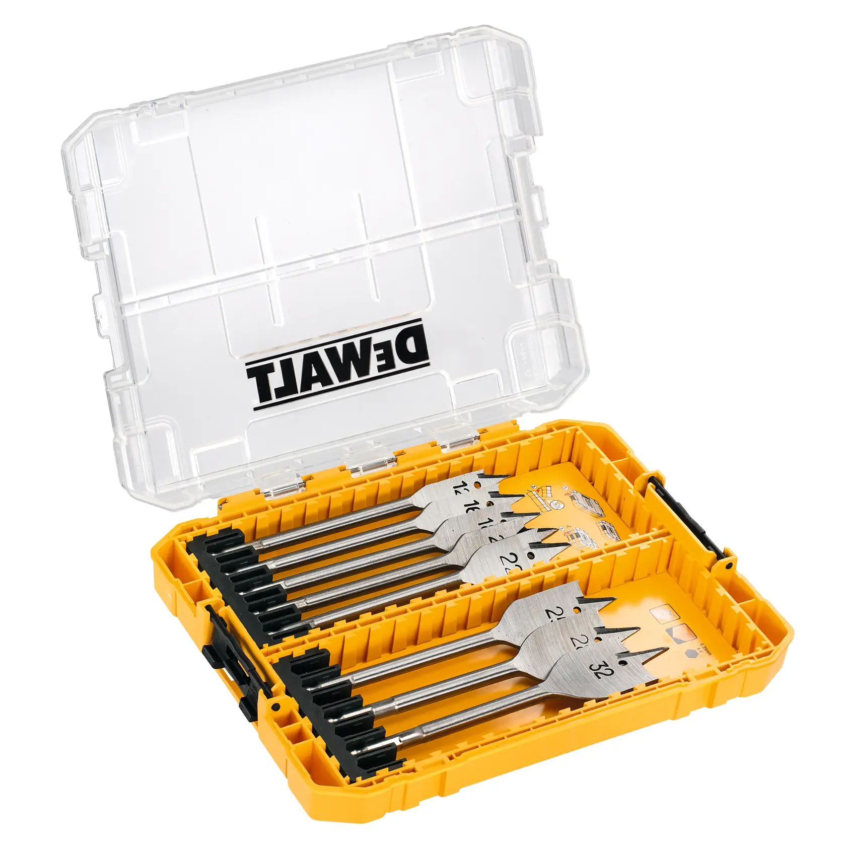 Boîte jaune DEWALT ouverte avec mèches en métal rangées. Nom de marque sur le couvercle transparent.