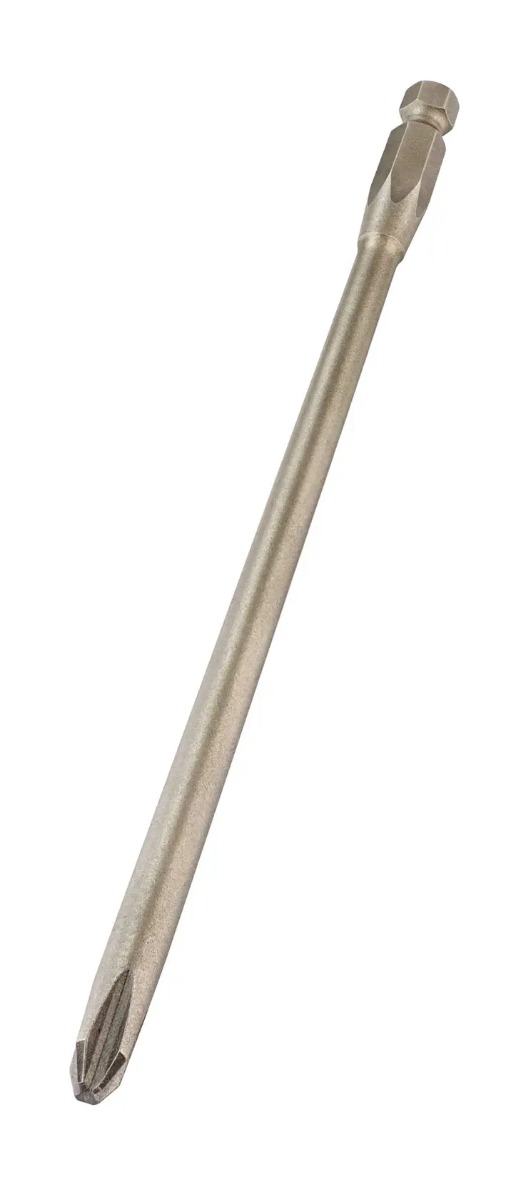 Punta larga de destornillador Phillips con vástago hexagonal para herramientas eléctricas, fondo blanco.