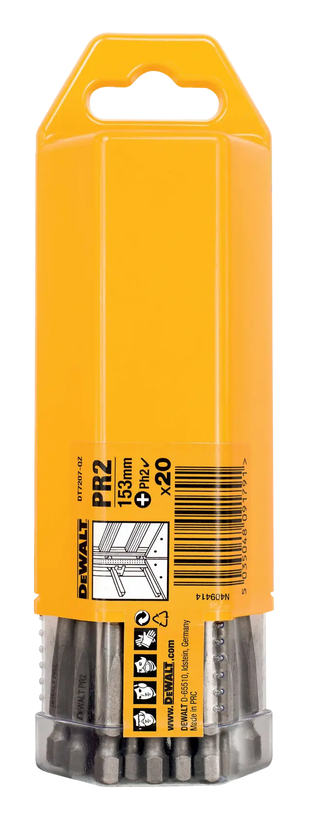 DEWALT DT7207 Packung mit 20 PH2 Schrauberbits, 53 mm Länge, in einem gelben Kunststoffbehälter mit transparentem Boden, der die Bits zeigt.