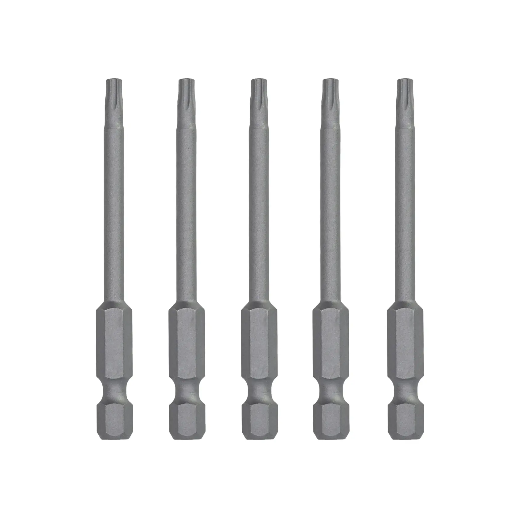 Cinco puntas largas DEWALT DT7291 alineadas, acero gris con vástago hexagonal para herramientas eléctricas.