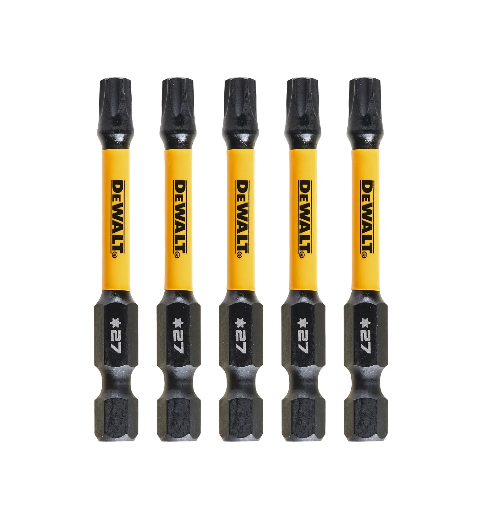 Fünf DEWALT Torx-Schrauberbits, gelb-schwarz, Größe T27, auf weißem Hintergrund ausgerichtet.