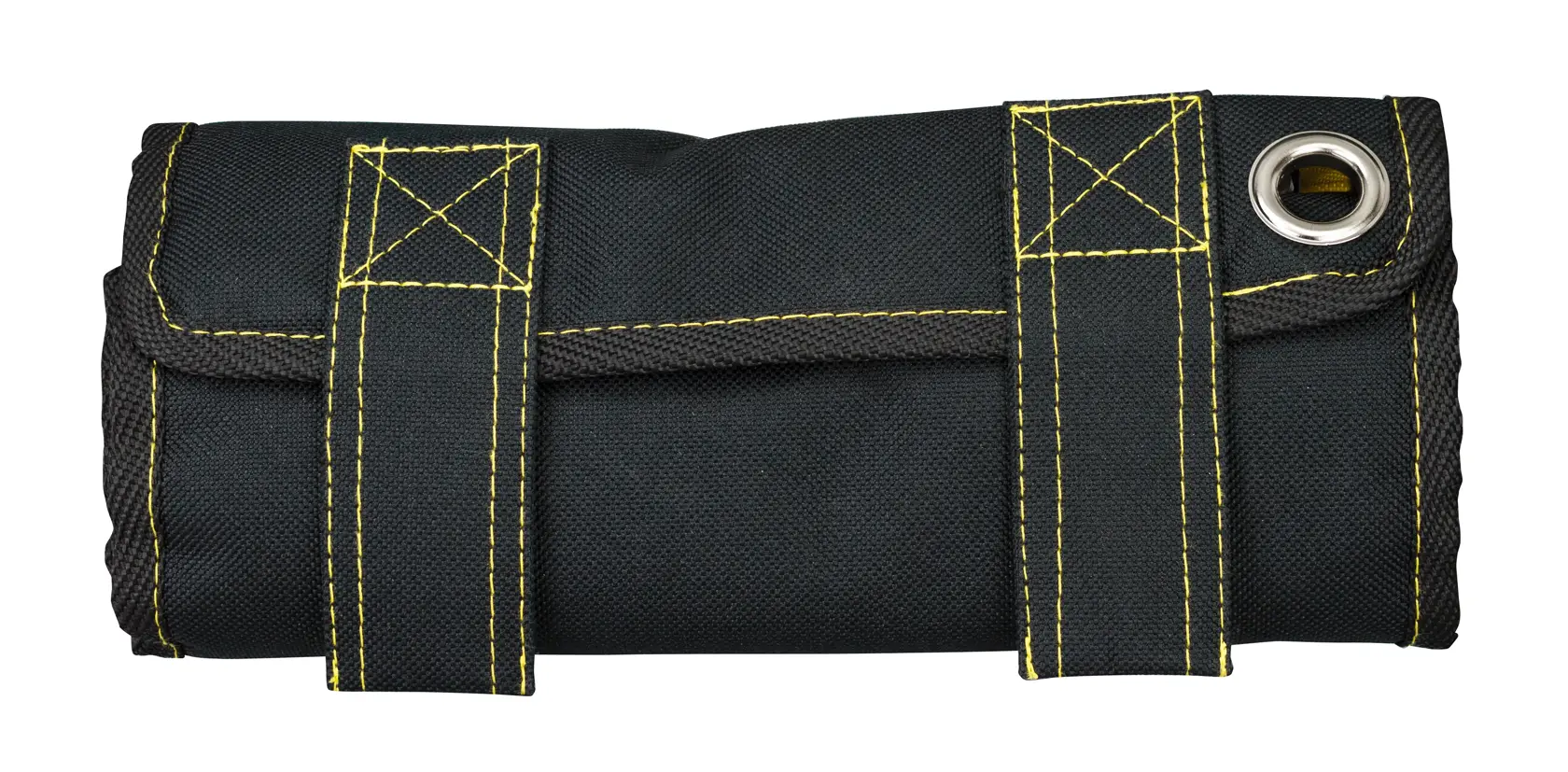 Bolsa de herramientas DEWALT negra con costuras amarillas, enrollada y sujeta, ojal metálico en un extremo.