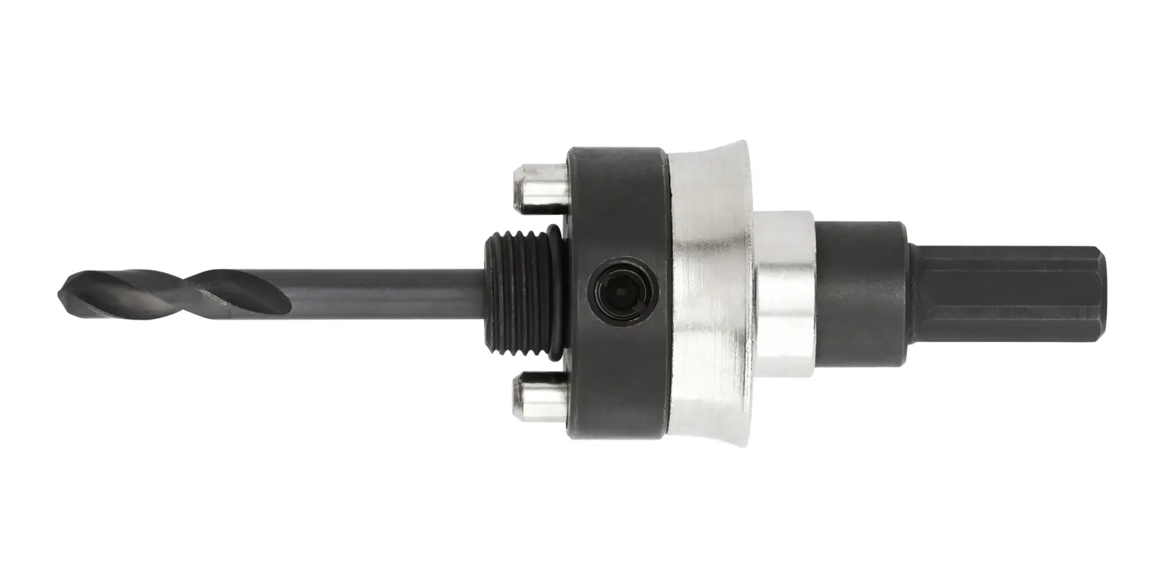 Adaptateur de foret DEWALT DT8288 pour scie-cloche, corps métallique, sur fond blanc.