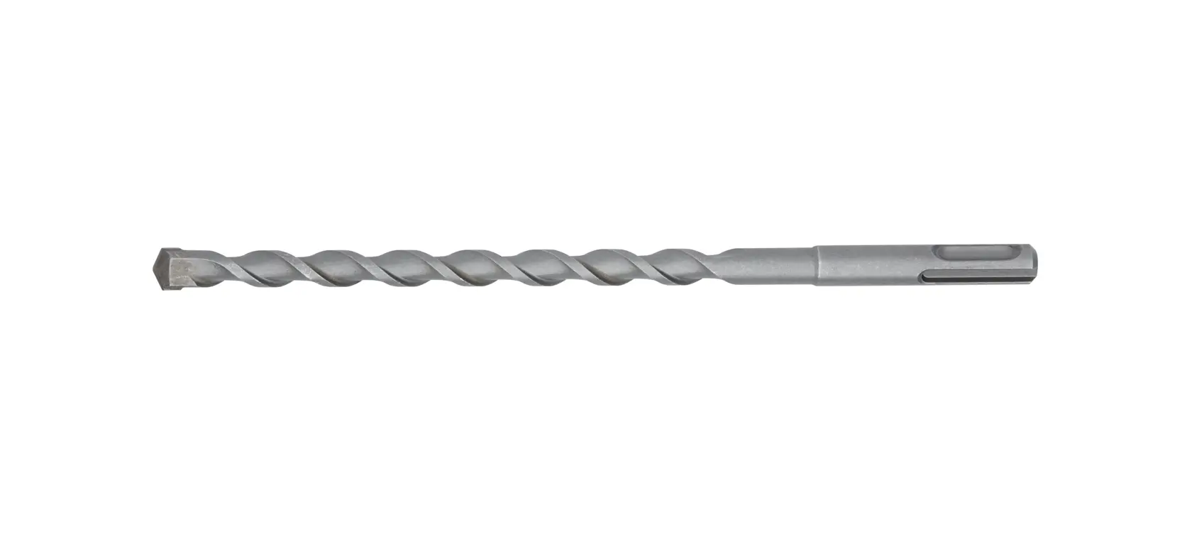 DEWALT SDS-Plus masonry drill bit, silver, with spiral flutes and chisel tip.