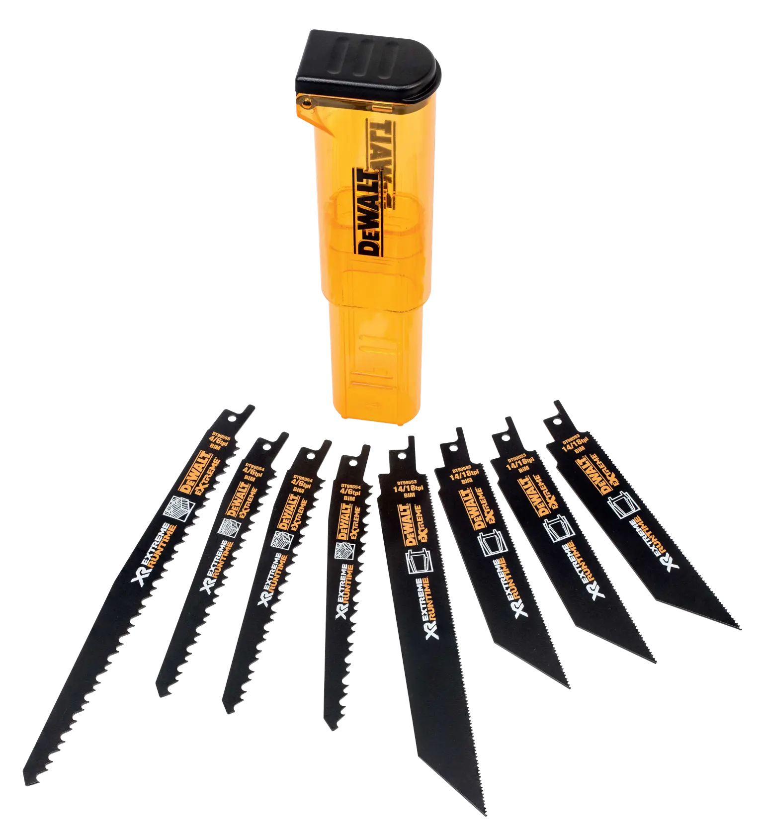 DEWALT DT99551 incluye 8 hojas negras y caja amarilla para sierras recíprocas.