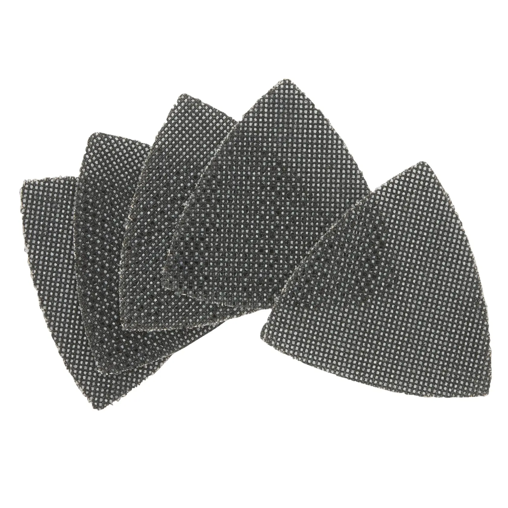 Cinco almohadillas de malla triangular DEWALT para lijar, organizadas en abanico sobre fondo blanco.