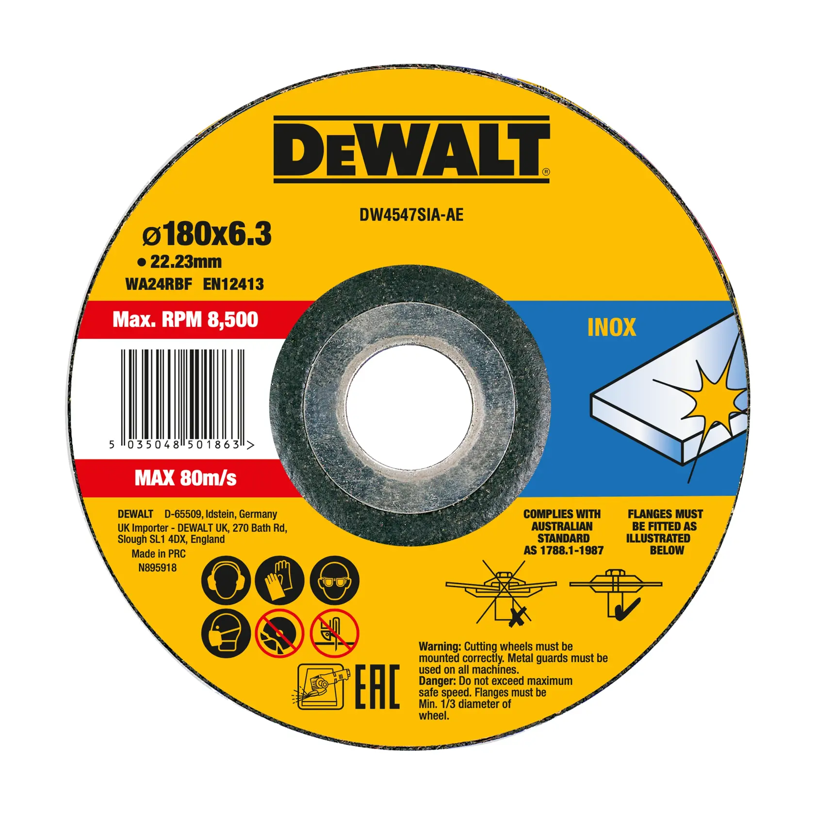 DEWALT DW4547SIA-AE 180x6.3mm cutting disc for metal, max RPM 8500, safety and usage icons printed on label.
