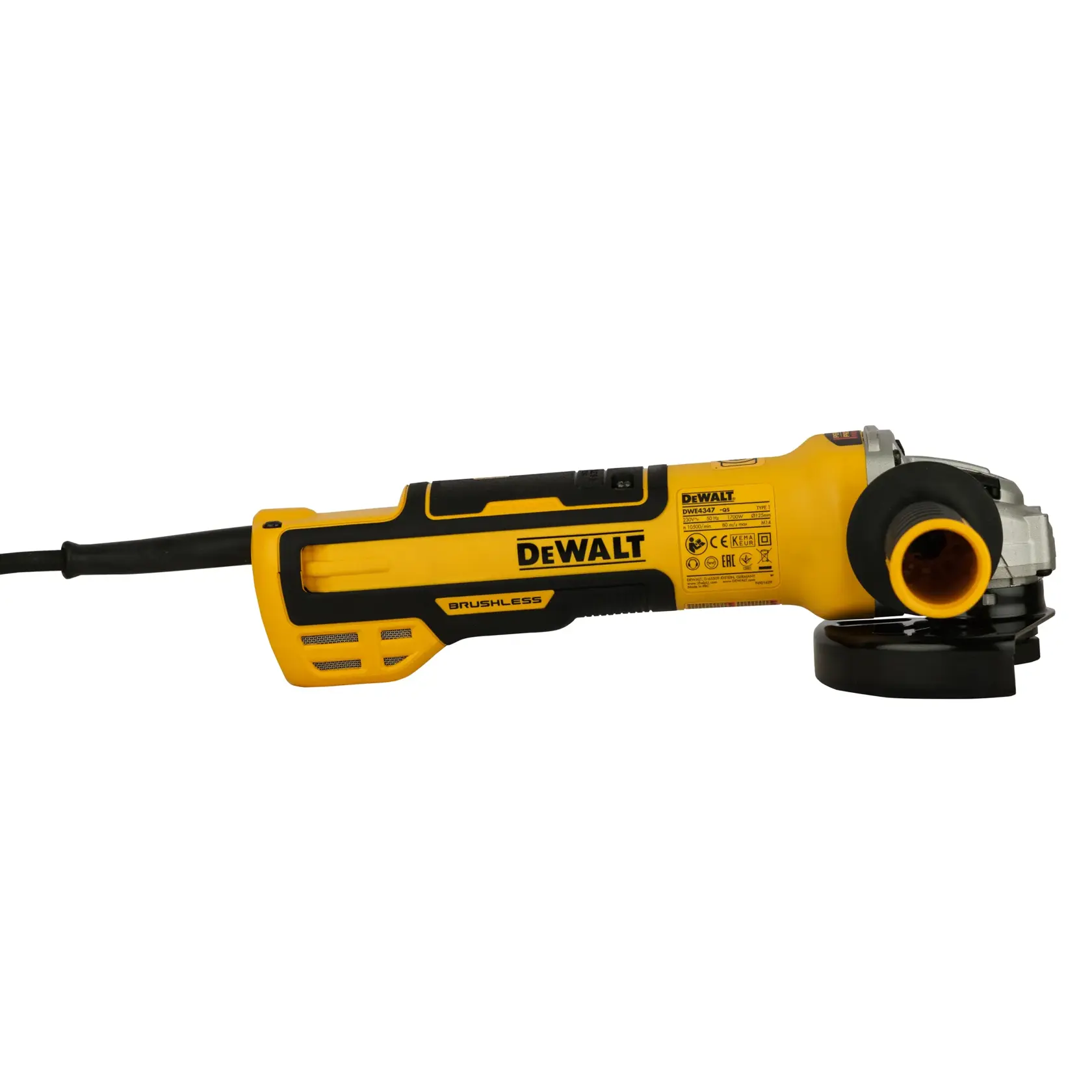 DEWALT DWE4347 gelber brushless Winkelschleifer mit Seitengriff und Netzkabel auf weißem Hintergrund.