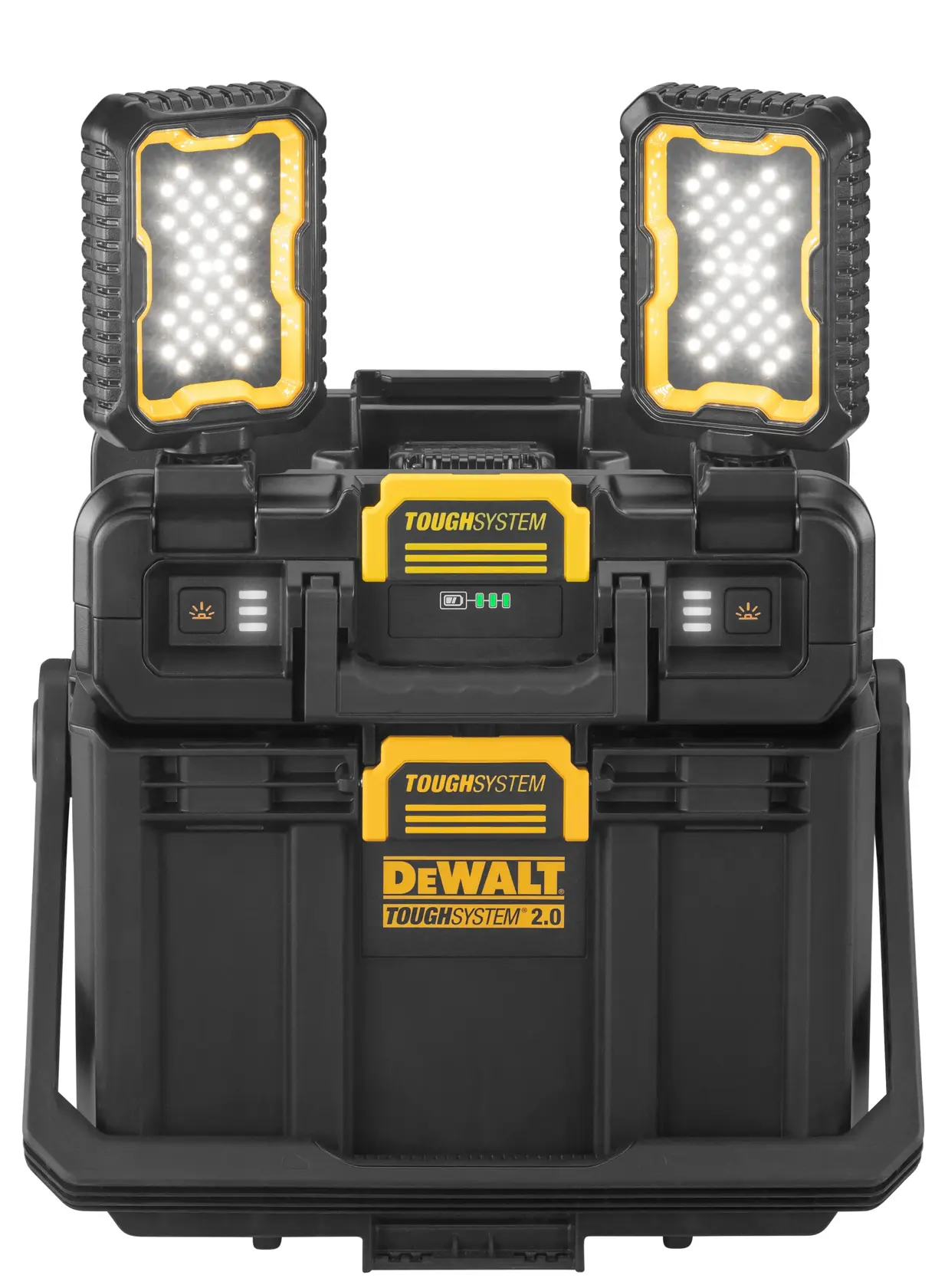 O cutie de depozitare portabilă DEWALT ToughSystem 2.0 cu două lumini LED de lucru integrate în partea superioară. Cutia este neagră și galbenă, proiectată pentru durabilitate și utilizare intensă, și are mecanisme de blocare și mânere pentru transport facil.