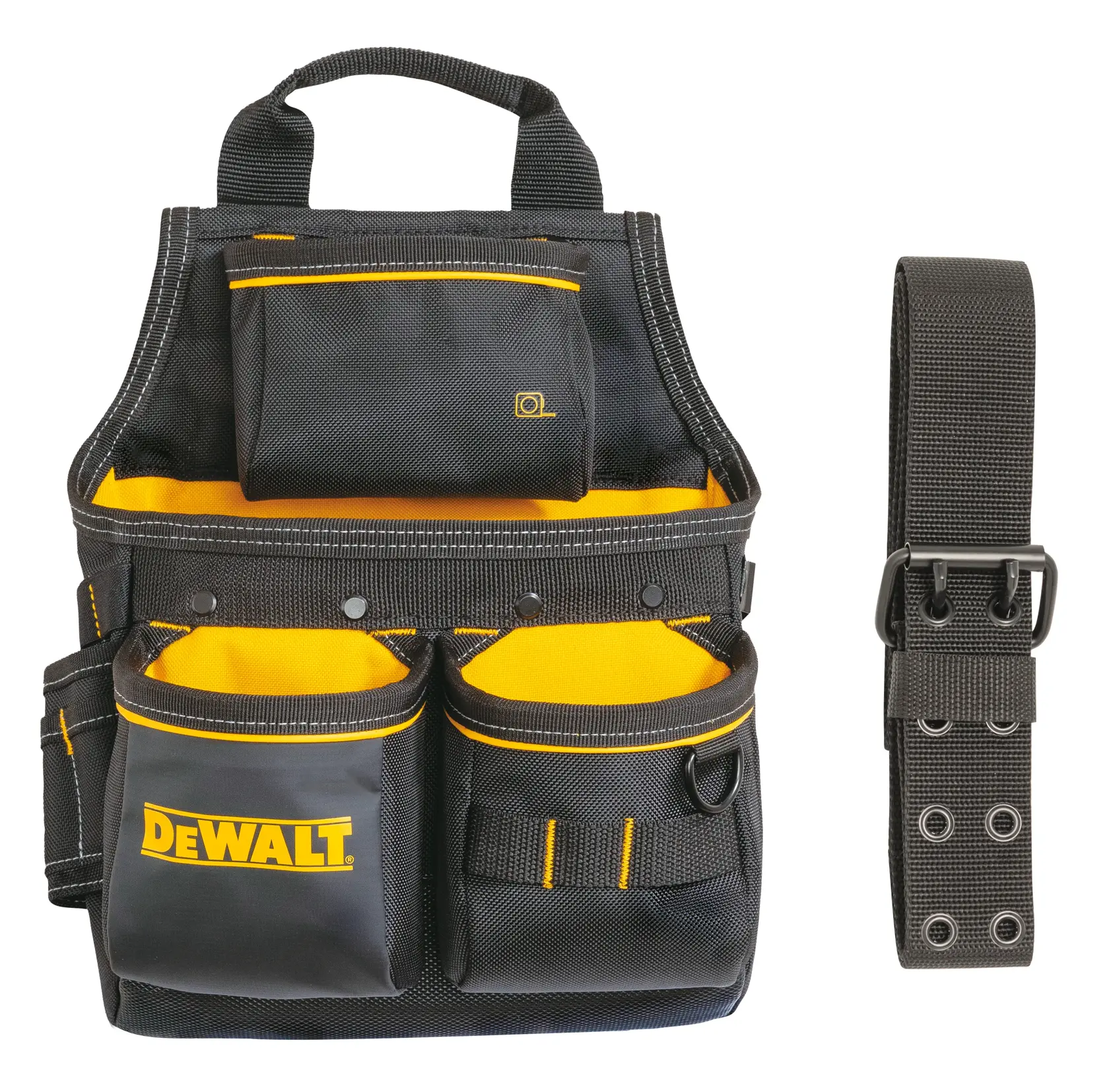 Un săculeț de scule DEWALT în negru și galben cu mai multe buzunare și o curea detașabilă neagră, conceput pentru organizarea și transportul uneltelor.