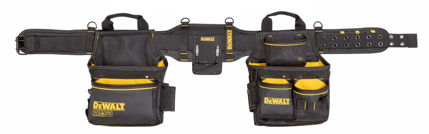 Centură pentru scule DEWALT cu mai multe buzunare și compartimente negre și galbene, proiectată pentru transportul sculelor și accesoriilor.