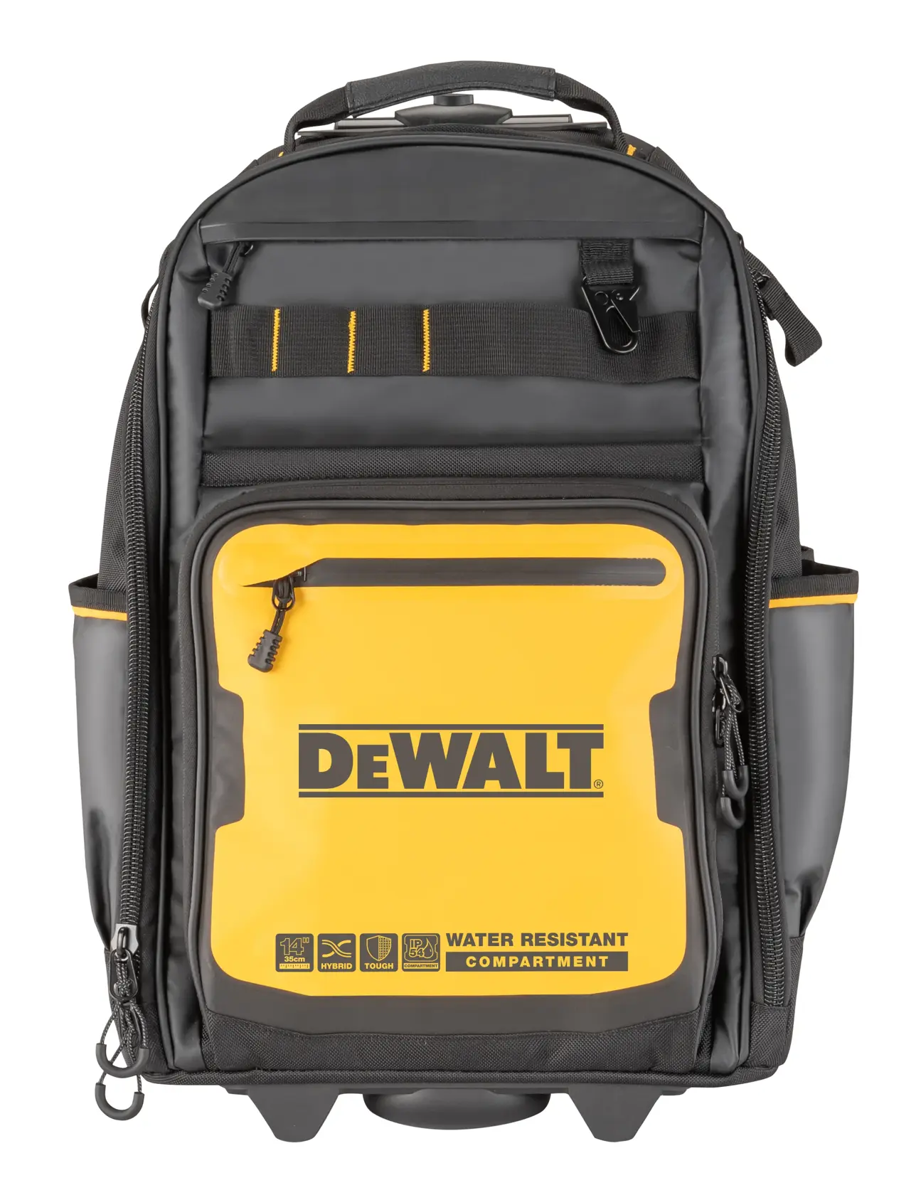 Vedere din față a unui rucsac DEWALT cu design negru și galben. Rucsacul are un compartiment rezistent la apă pe partea din față și mai multe buzunare și fermoare. Logo-ul DEWALT este vizibil proeminent.