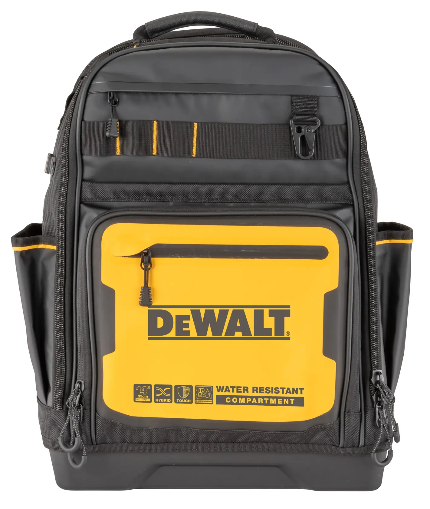 Un rucsac DEWALT negru și galben conceput pentru unelte, având mai multe compartimente și buzunare, un compartiment frontal rezistent la apă și logo-ul DEWALT bine vizibil.