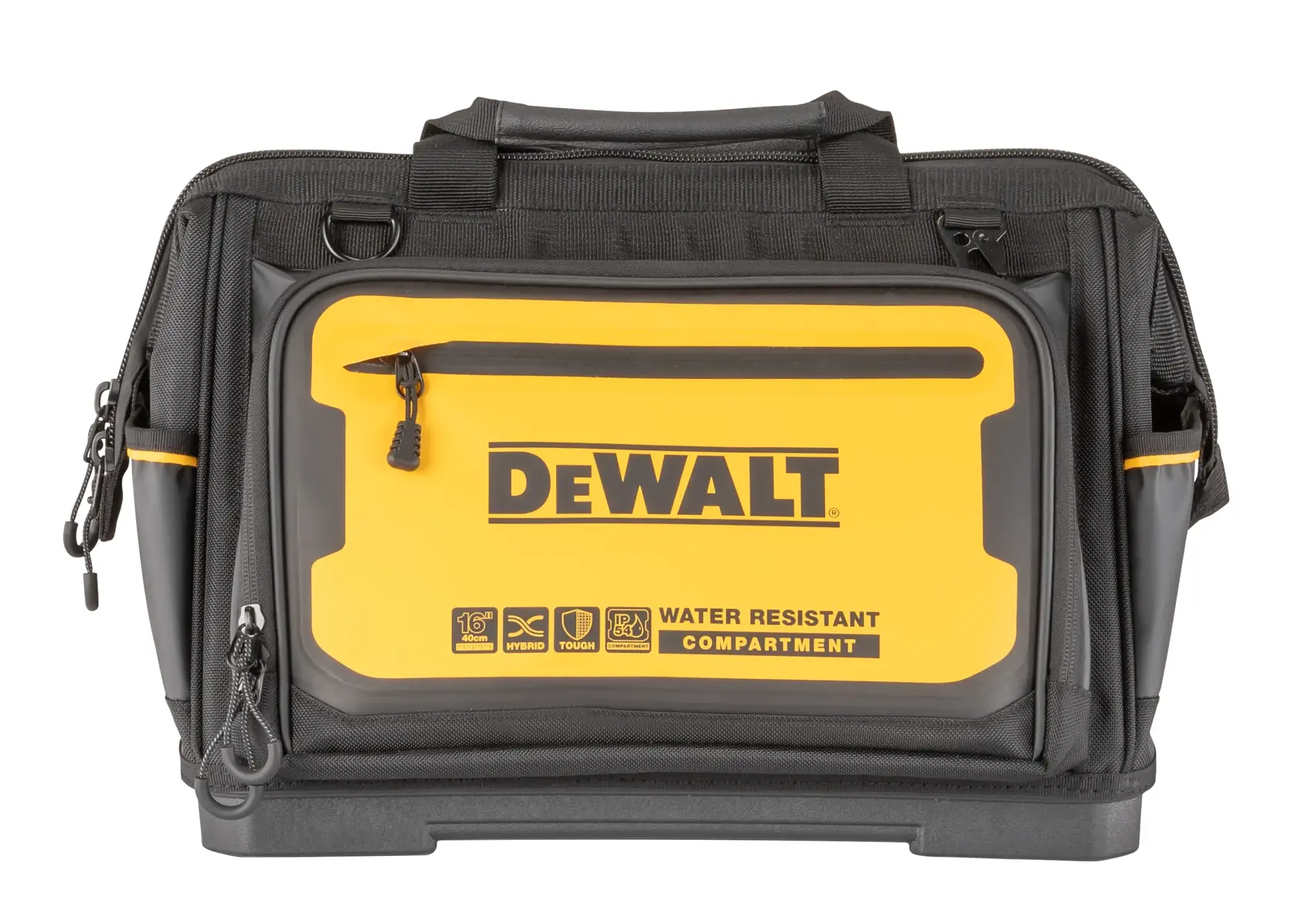 Geantă pentru unelte DEWALT, neagră și galbenă, cu compartiment rezistent la apă, buzunare cu fermoar și mânere robuste.