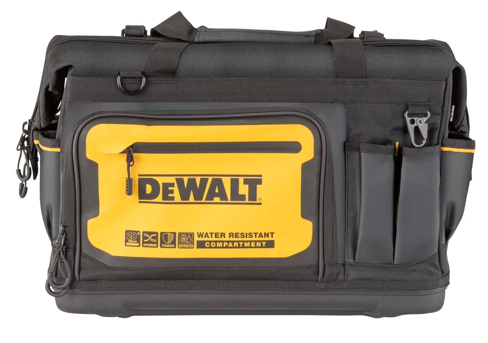Geantă de scule DEWALT neagră și galbenă cu multiple buzunare externe și un compartiment frontal cu fermoar pe care scrie 'Water Resistant Compartment'.
