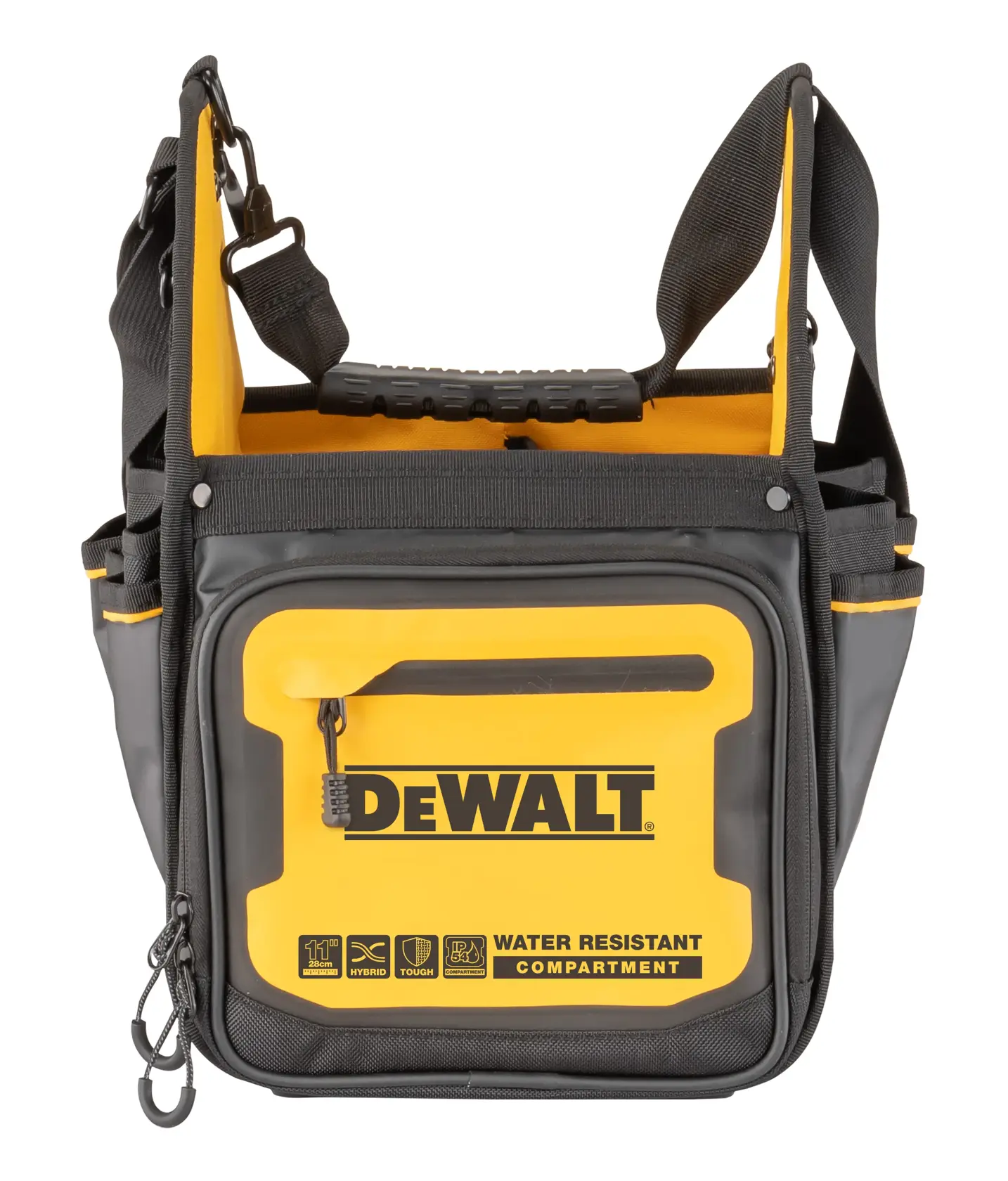 Vedere din față a unei genți de fotografie DEWALT DWST60105-1 cu compartiment rezistent la apă, design galben și negru, curea pentru umăr și logo-ul DEWALT vizibil.