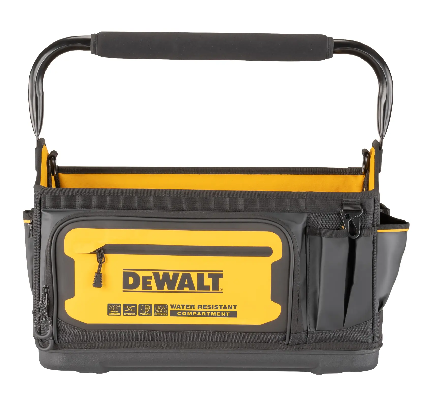 Geantă pentru unelte deschisă, marca DEWALT, cu mâner solid, mai multe compartimente și un buzunar frontal galben, rezistent la apă, cu fermoar.