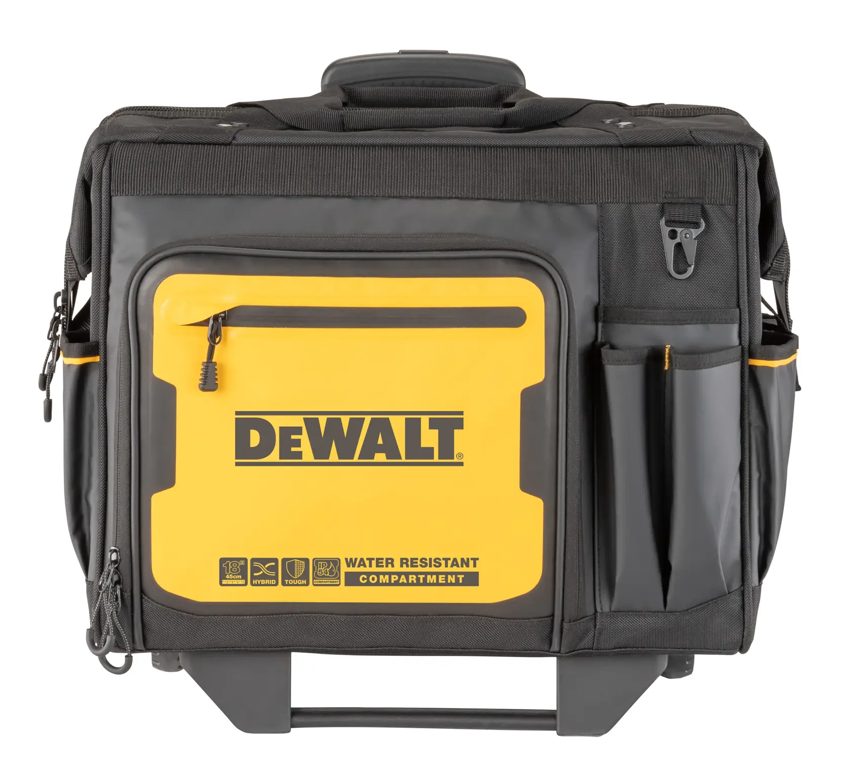 Vedere frontală a unei genți pentru unelte DEWALT, în culori galben și negru, dotată cu mai multe buzunare și compartimente exterioare. Buzunarul din față are eticheta 'compartiment rezistent la apă'. Geanta are un mâner în partea de sus pentru transport.