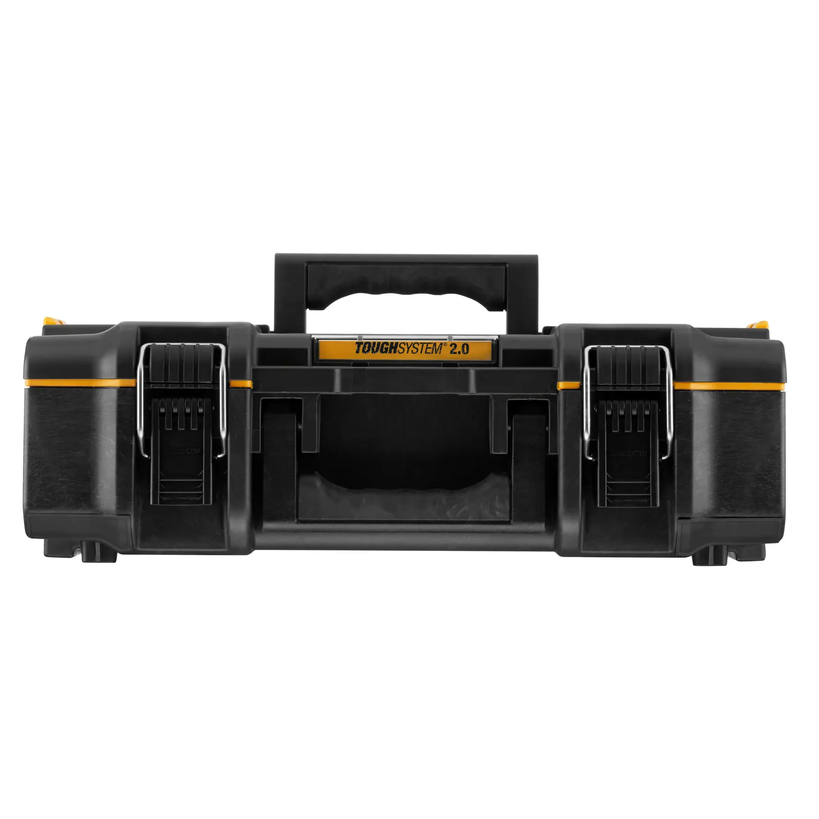 Vista frontal de caja de herramientas DEWALT ToughSystem 2.0 negra con detalles amarillos y cierres seguros.